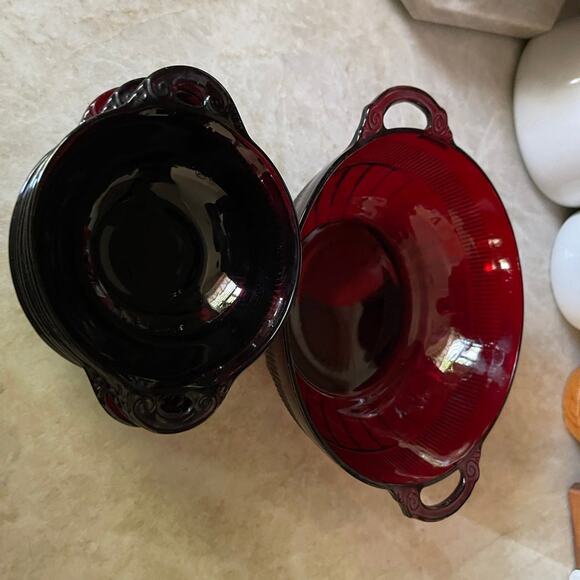 Vtg Coronation-Royal Ruby Handled Salad 7 PC Set Anchor Hocking Depression Glass - Picture 10 of 11